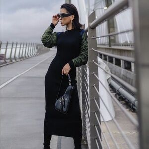 Zara Nylon Black and Green Long Sleeve Dress